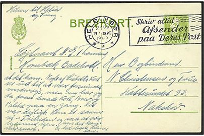 15 øre Chr. X helsagsbrevkort (fabr. 147) fra interneret officer på Hornbæk Badehotel stemplet Helsingør d. 9.9.1943 til Nakskov.