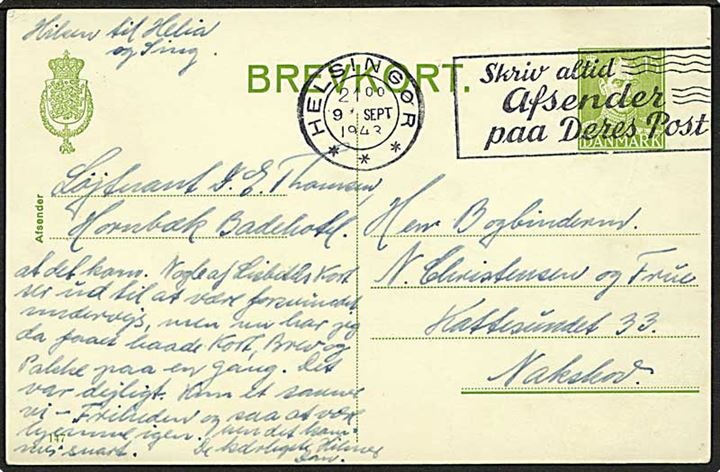 15 øre Chr. X helsagsbrevkort (fabr. 147) fra interneret officer på Hornbæk Badehotel stemplet Helsingør d. 9.9.1943 til Nakskov.