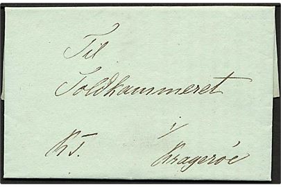 1838. Cirkulære sendt som tjenestebrev fra Den kongelige Norske Regering i Christiania d. 17.3.1838 til Toldkammeret i Kragerøe. 