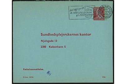Sundhedsstyrelsen. 60 øre Fr. IX helsagskuvert med Fødselsanmeldelse til Sundhedsplejerskernes kontor (fabr. 216x) sendt loalt i København d. 9.4.1970.