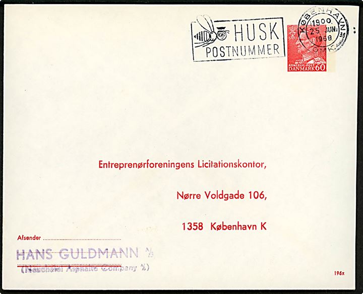 Entreprenørforeningens Licitationskontor. 60 øre Fr. IX helsagskuvert (fabr. 196x) sendt lokalt i København d. 25.6.1968.
