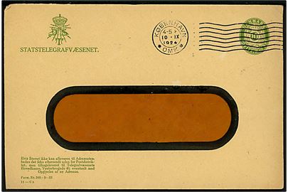 Statstelegrafvæsenet 10 øre helsags-rudekuvert Form Nr. 348-9-23 (fabr. 11-Cx)  sendt lokalt i København d. 10.9.1924.
