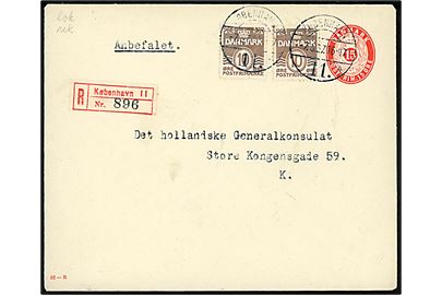 15 øre helsagskuvert (fabr. 52-R) opfrankeret med 10 øre Bølgelinie (2) sendt som anbefalet lokalbrev i København d. 7.5.1937.