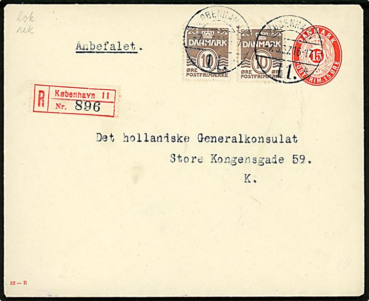 15 øre helsagskuvert (fabr. 52-R) opfrankeret med 10 øre Bølgelinie (2) sendt som anbefalet lokalbrev i København d. 7.5.1937.