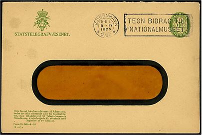 Statstelegrafvæsenet 10 øre helsags-rudekuvert (fabr. 12-Cx) annulleret med TMS København *OMK* / Tegn bidrag til Nationalmuseet d. 8.4.1925.