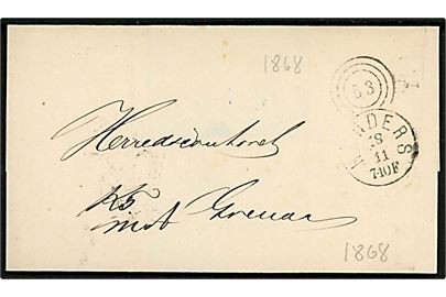 1868. Ufrankeret tjenestebrev mærket K.T.m.A. med kombineret nr.stempel 53/Randers d. 18.11.1868 via Aarhus til Grenaa.