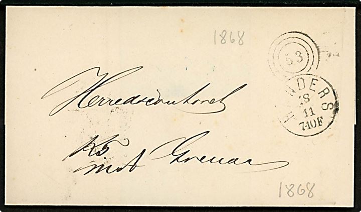 1868. Ufrankeret tjenestebrev mærket K.T.m.A. med kombineret nr.stempel 53/Randers d. 18.11.1868 via Aarhus til Grenaa.