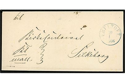 1866. Ufrankeret tjenestebrev mærket K.T.m.Att. og blåt antiqua Ebeltoft d. 20.1.1866 via Aarhus til Silkeborg.