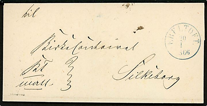 1866. Ufrankeret tjenestebrev mærket K.T.m.Att. og blåt antiqua Ebeltoft d. 20.1.1866 via Aarhus til Silkeborg.