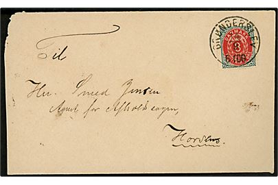 8 øre Tofarvet på brev annulleret med lapidar Brønderslev d. 14.9. ca. 1890 til Horsens. 