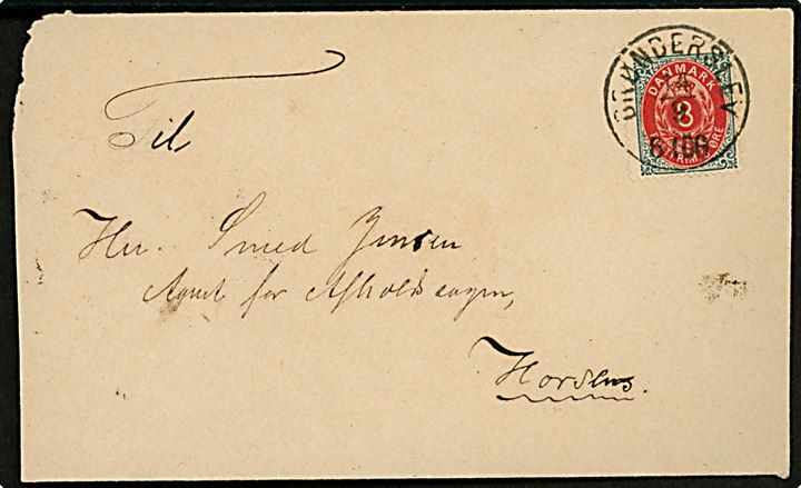 8 øre Tofarvet på brev annulleret med lapidar Brønderslev d. 14.9. ca. 1890 til Horsens. 