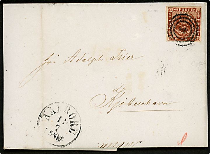4 sk. 1858 udg. på brev med fuldt indhold annulleret med nr.stempel 4 og sidestemplet antiqua Aalborg d. 13.7.1862 til Kjøbenhavn.
