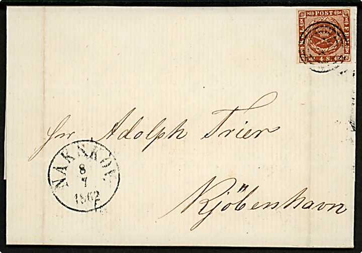 4 sk. 1858 udg. på brev annulleret med nr.stempel 43 og sidestemplet antiqua Nakskov d. 8.7.1862 til Kjøbenhavn. Fold gennem mærke.