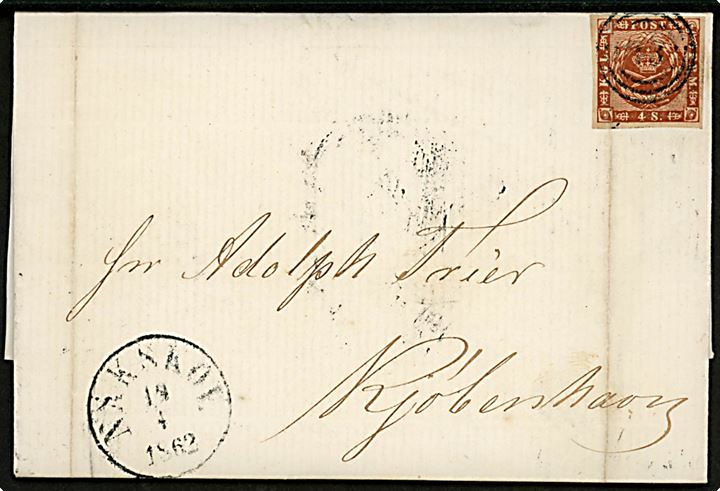 4 sk. 1858 udg. på brev annulleret med nr.stempel 43 og sidestemplet antiqua Nakskov d. 19.4.1862 til Kjøbenhavn. Fold gennem mærke.