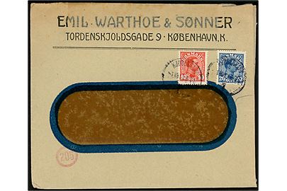 10 øre og 20 øre Chr. X på 2. vægtkl. rudekuvert fra Kjøbenhavn d. 1.10.1917. Åbnet af tysk censur.