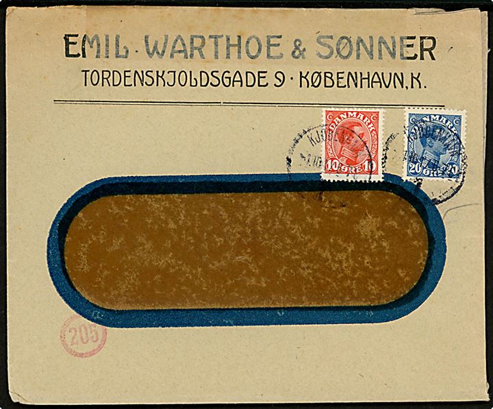 10 øre og 20 øre Chr. X på 2. vægtkl. rudekuvert fra Kjøbenhavn d. 1.10.1917. Åbnet af tysk censur.