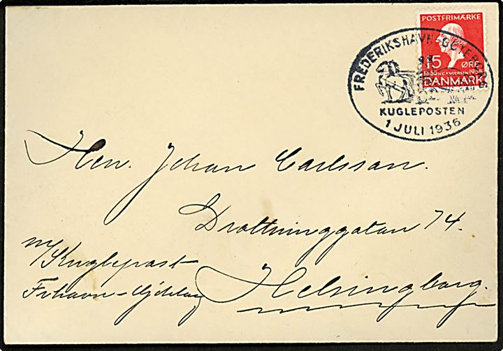 15 øre H. C. Andersen på brev annulleret med særstempel Frederikshavn - Göteborg Kugleposten 1.7.1936 til Helsingborg, Sverige.