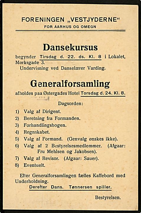 4/25 øre Provisorium single på lokalt tryksagskort fra Foreningen Vestjyderne i Aarhus d. 18.10.1935.