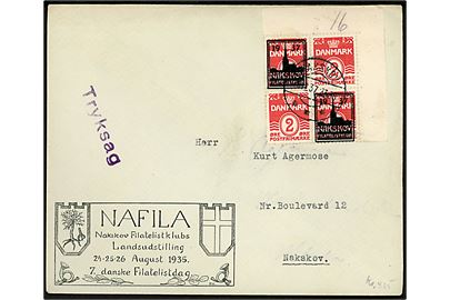 2 øre Bølgelinie i fireblok hvoraf 2 mærker er med private tiltryk 1937 Nakskov Filatelistklub på lokal tryksag stemplet Nakskov d. 15.12.1937.