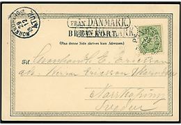 5 øre Våben på brevkort fra København annulleret med svensk bureaustempel PKXP No. 81F (= Göteborg - Helsingborg) d. 28.12.1900 og sidestemplet Från Danmark til Norrköping, Sverige.
