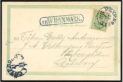 5 øre Våben på brevkort fra Helsingør annulleret med svensk bureaustempel PKXP No. 81E (= Göteborg - Helsingborg) d. 20.7.1902 og sidestemplet Från Danmark til Göteborg, Sverige.