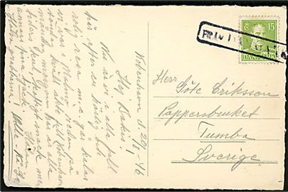 15 øre Chr. X på brevkort fra København d. 20.8.1946 annulleret med svensk skibsstempel Från Danmark til Tumba, Sverige.