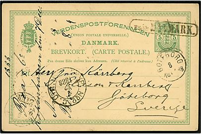 5 øre Våben helsagsbrevkort fra København annulleret med svensk skibsstempel Från Danmark og sidestemplet PKXP No. 2 C. UTR. (= Nässjö-Malmö) d. 7.12.1888 til Göteborg, Sverige.