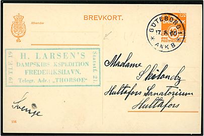 10 øre helsagsbrevkort (fabr. 116) fra H. Larsens Dampskibsekspedition i Frederikshavn annulleret med svensk stempel i Göteborg d. 17.8.1935 til Hultafors, Sverige.