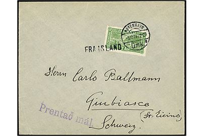 7 aur Landskab single på tryksag fra Reykjavik annulleret med dansk stempel i København d. 5.12.1928 og sidestemplet Fra Island til Giubiasco, Schweiz.