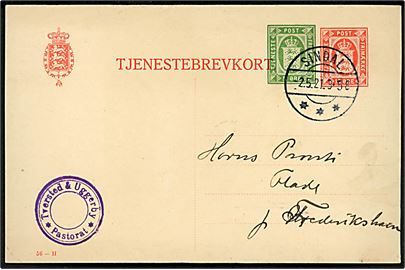 10 øre + 5 øre provisorisk tjenestebrevkort (fabr. 56-H) fra Tversted & Uggerby Pastorat stemplet Sindal d. 2.5.1921 til Flade pr. Frederikshavn.