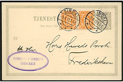 3 øre tjenestebrevkort opfrankeret med 1 øre Tjenestemærke i parstykke fra Mosbjerg & Bindslev sognekald stemplet Sindal d. 9.4.1913 til Frederikshavn.