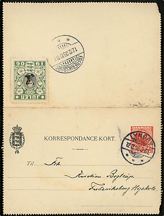 10 øre Chr. IX helsags korrespondancekort med Julemærke 1906 fra Lyngby d. 12.12.1906 til Frederiksborg.