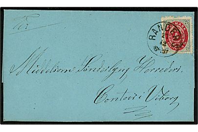 4 sk. Tofarvet på brev annulleret med lapidar Randers d. 27.12.(1873-74) til Middelsom Sønderlyng Herreders kontor i Viborg.