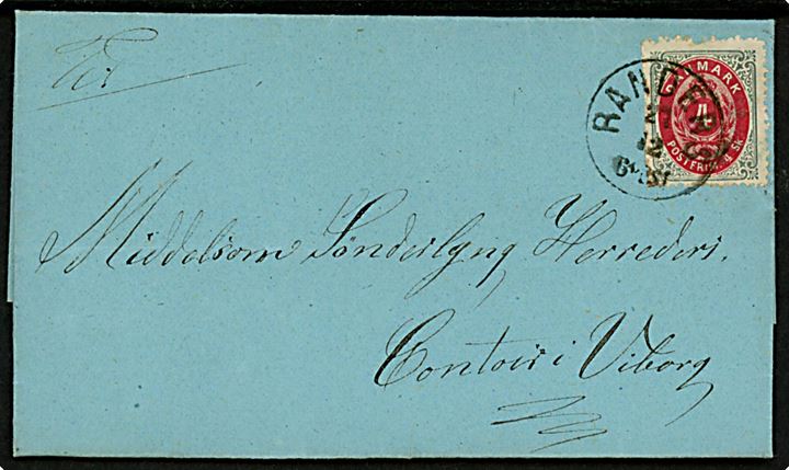 4 sk. Tofarvet på brev annulleret med lapidar Randers d. 27.12.(1873-74) til Middelsom Sønderlyng Herreders kontor i Viborg.