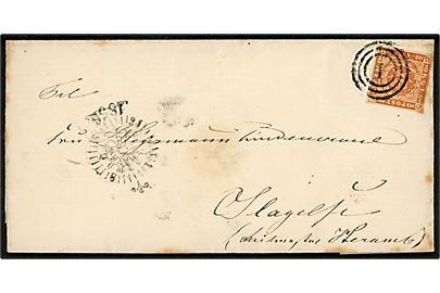 4 sk. 1854 udg. på brev annulleret med nr.stempel 1 og sidestemplet kompasstempel Kiøbenhavn d. 4.9.1856 til fru Hegermann Lindencrone i Slagelse.
