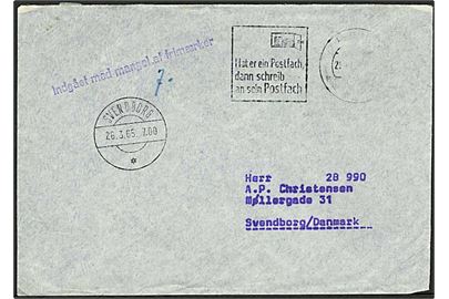 Tysk brev med mgl. frimærke til Svendborg, Danmark. Liniestempel Indgået med mangel af frimærke og ank.stempel Svendborg d. 26.3.1965.