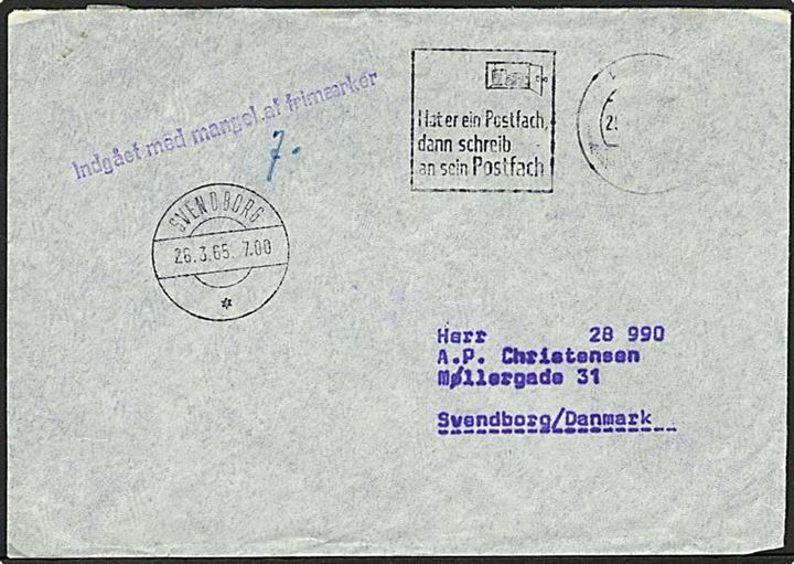 Tysk brev med mgl. frimærke til Svendborg, Danmark. Liniestempel Indgået med mangel af frimærke og ank.stempel Svendborg d. 26.3.1965.