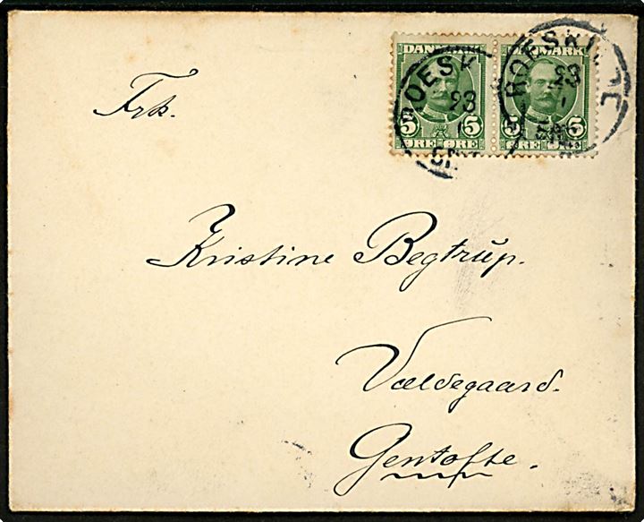 5 øre Fr. VIII i parstykke på brev annulleret med lapidar Roeskilde d. 23.1.1908 til Gentofte. Stempel benyttet som reservestempel. Bendix: 500,-