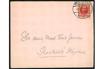 10 øre Fr. VIII på brev fra Frederiksborg d. 9.7.1907 til Roskilde. På bagsiden ank.stemplet med lapidar Roeskilde d. 9.7.1907.