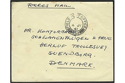 Ufrankeret engelsk feltpostbrev stemplet Field Post Office 352 (= Kiel) til Svendborg. Fra dansk soldat i Royal Engineers, 404 DCRE (C&M), BAOR.