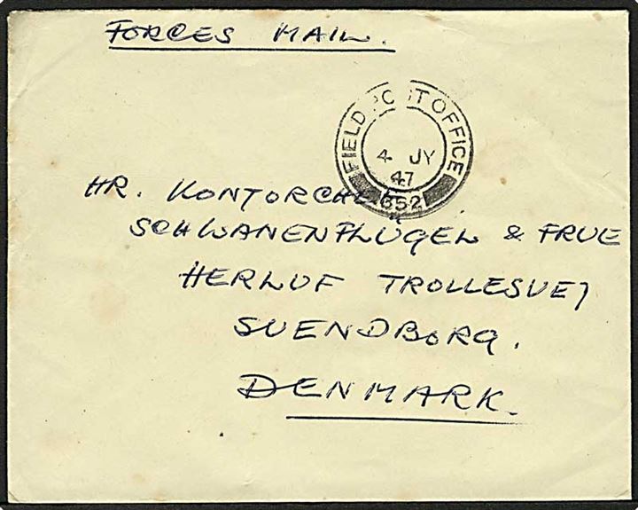 Ufrankeret engelsk feltpostbrev stemplet Field Post Office 352 (= Kiel) til Svendborg. Fra dansk soldat i Royal Engineers, 404 DCRE (C&M), BAOR.