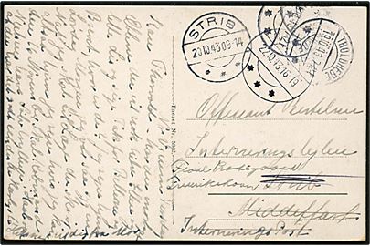 Ufrankeret brevkort fra Troldhede d. 19.10.1943 til interneret officiant på Andelsskolen i Strib ved Middelfart - eftersendt til Flade pr. Frederikshavn - da interneringen er blevet ophævet.