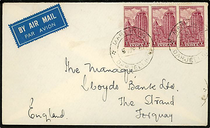 4 as. Bhuvanesvara i 3-stribe på luftpostbrev fra Marybong Darleeling d. 5.4.1951 til Torquay, England.