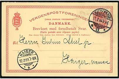 10 øre Våben dobbelt helsagsbrevkort fra Kjøbenhavn d. 11.2.1903 til Haiger, Tyskland. Vedhængende ubenyttet svardel.