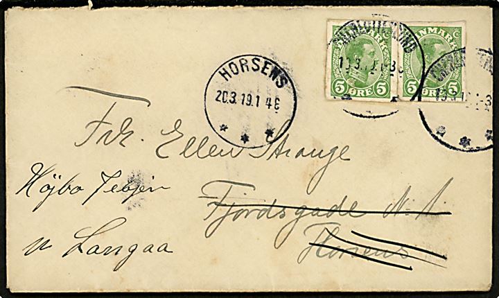 5 øre Chr. X helsagsafklip (2) på brev fra Charlottenlund d. 19.3.1919 til Horsens - eftersendt til Langaa.