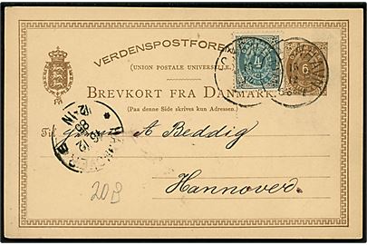 6 øre helsagsbrevkort opfrankeret med 4 øre Tofarvet fra Kjøbenhavn d. 16.12.1885 til Hannover, Tyskland.