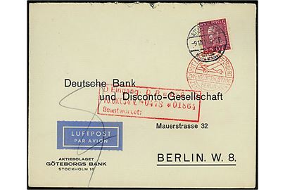 35 öre Gustaf på luftpostbrev fra Stockholm d. 9.10.1934 til Berlin, Tyskland. Rødt luftpost stempel Mit Luftpost befördert Zweigluftpostamt Berlin Zentralflughafen.