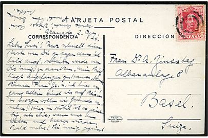 25 cts. Alfonso XIII på brevkort fra Granada annulleret med stumt 2-ringsstempel til Basel, Schweiz.