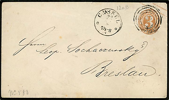 3 gr. helsagskuvert fra Cassel d. 22.5.1866 til Breslau.