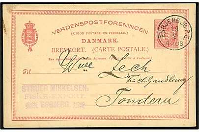 10 øre Våben helsagsbrevkort annulleret med lapidar Esbjerg JB.P.E. d. 19.9.1894 til Tondern (Tønder) i Nordslesvig.